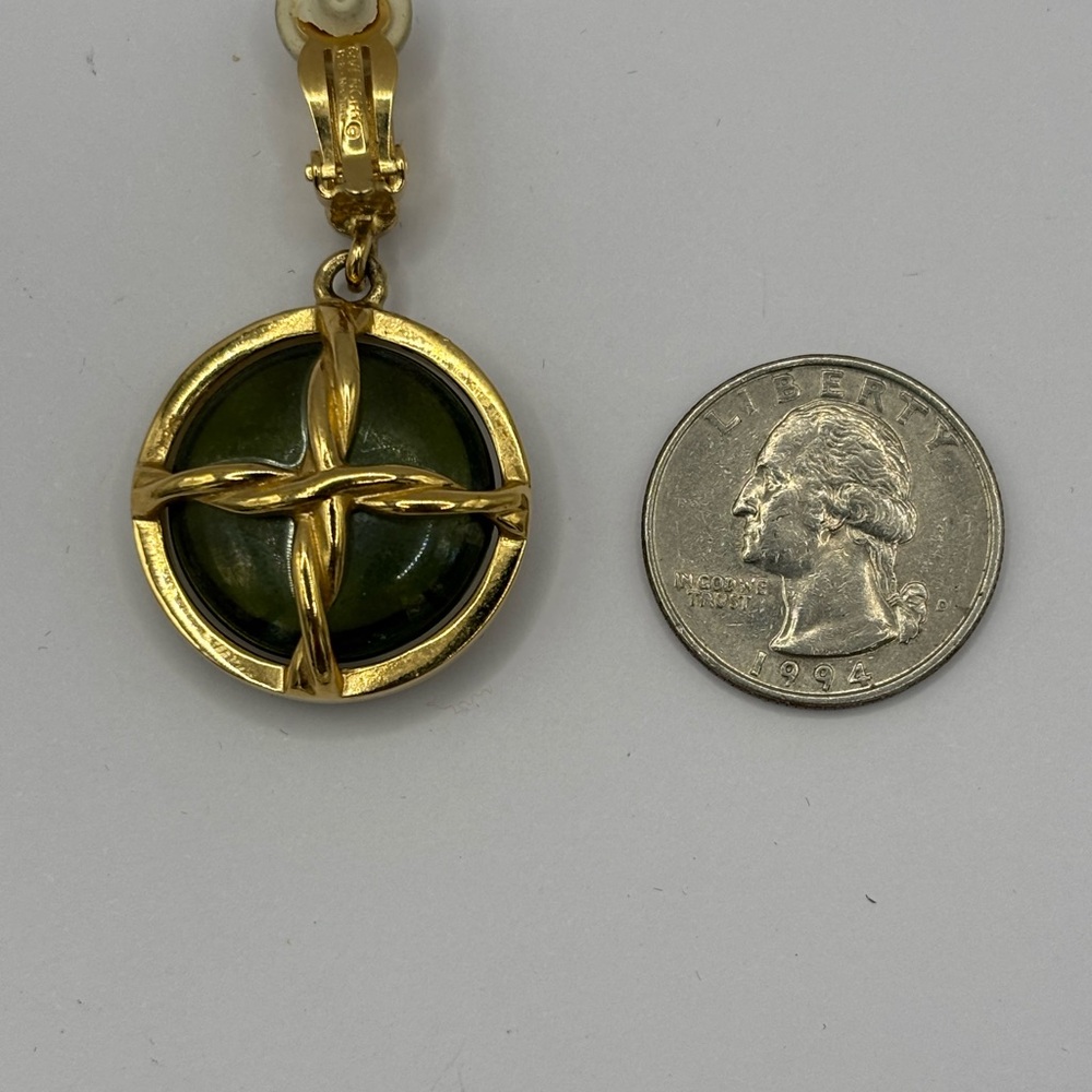 Vintage Givenchy Cabochon Clip On Chunky Green Gold Logo Drop Earrings - Picture 4 of 4